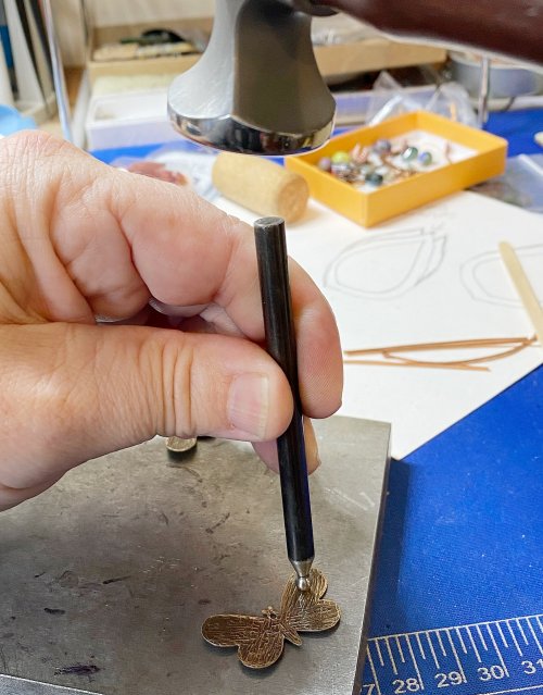 Susan LeGuyader's Butterfly Earrings - , Contemporary Wire Jewelry, Dapping, Dapping Jewelry, How To Punch Holes, Hole Punching, Punch A Hole, Texturing, Butane Torch, Soldering, Solder, Use the small riveting hammer 